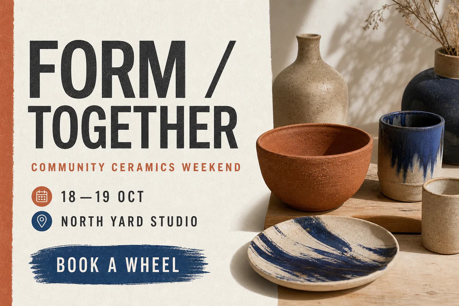 Ceramics event poster with a large Form Together headline on the left, event details below, and warm pottery photography on the right.